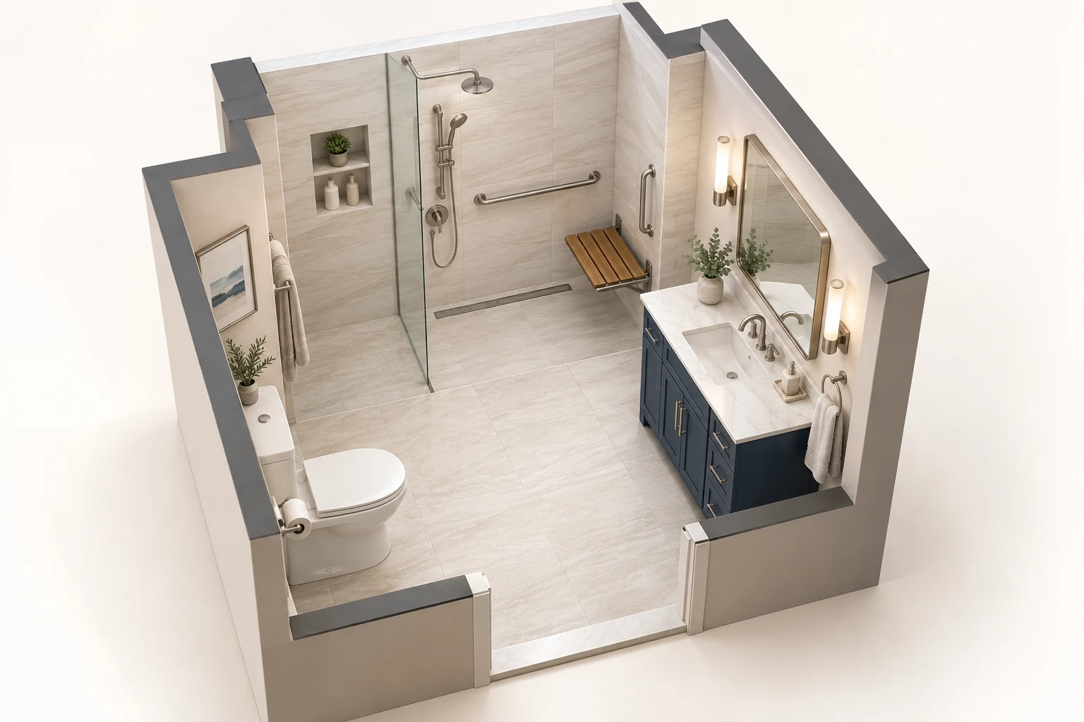3D cutaway bathroom concept with shower, vanity and toilet