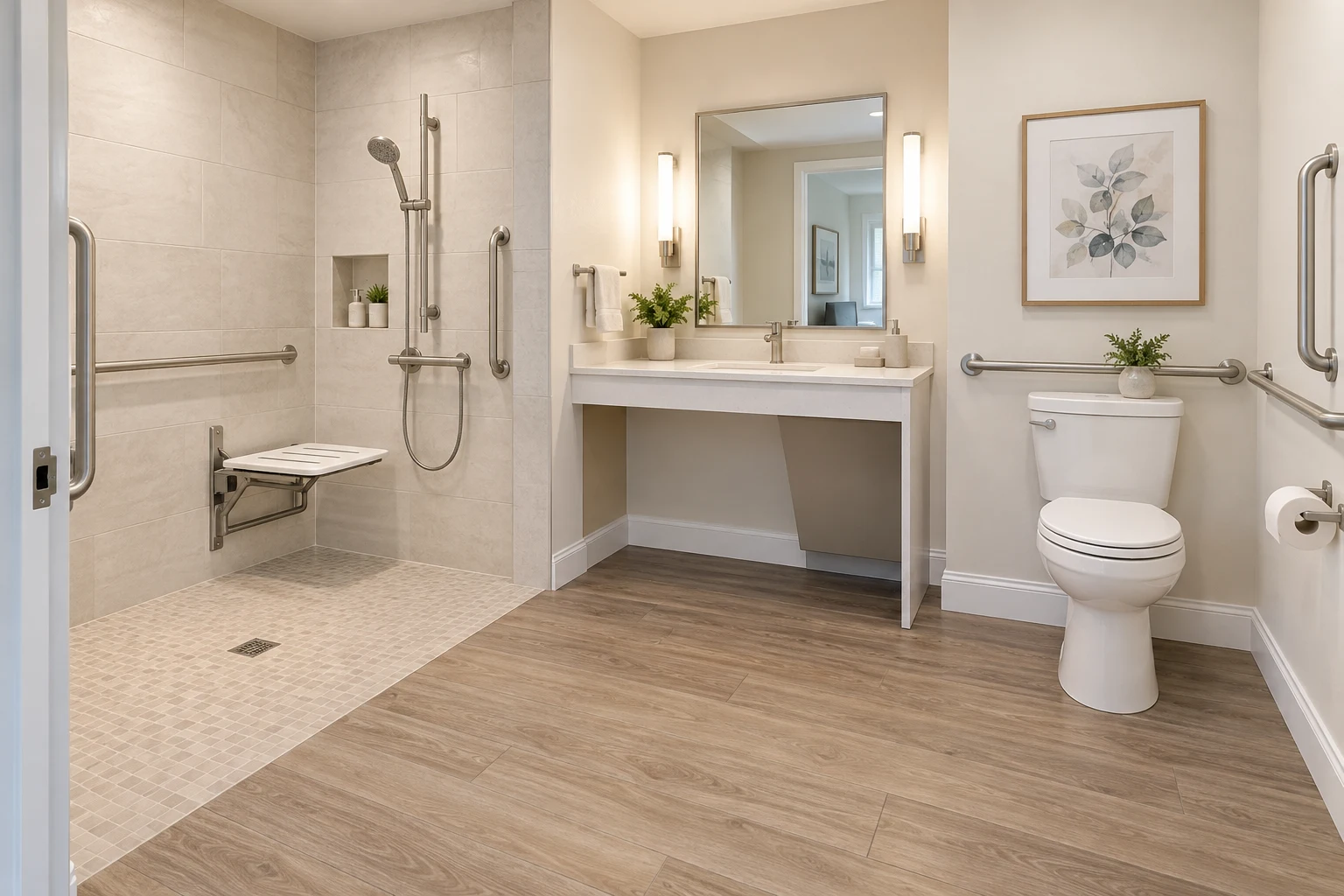 Illustrative compact bathroom with wood-look flooring and a roll-in shower concept