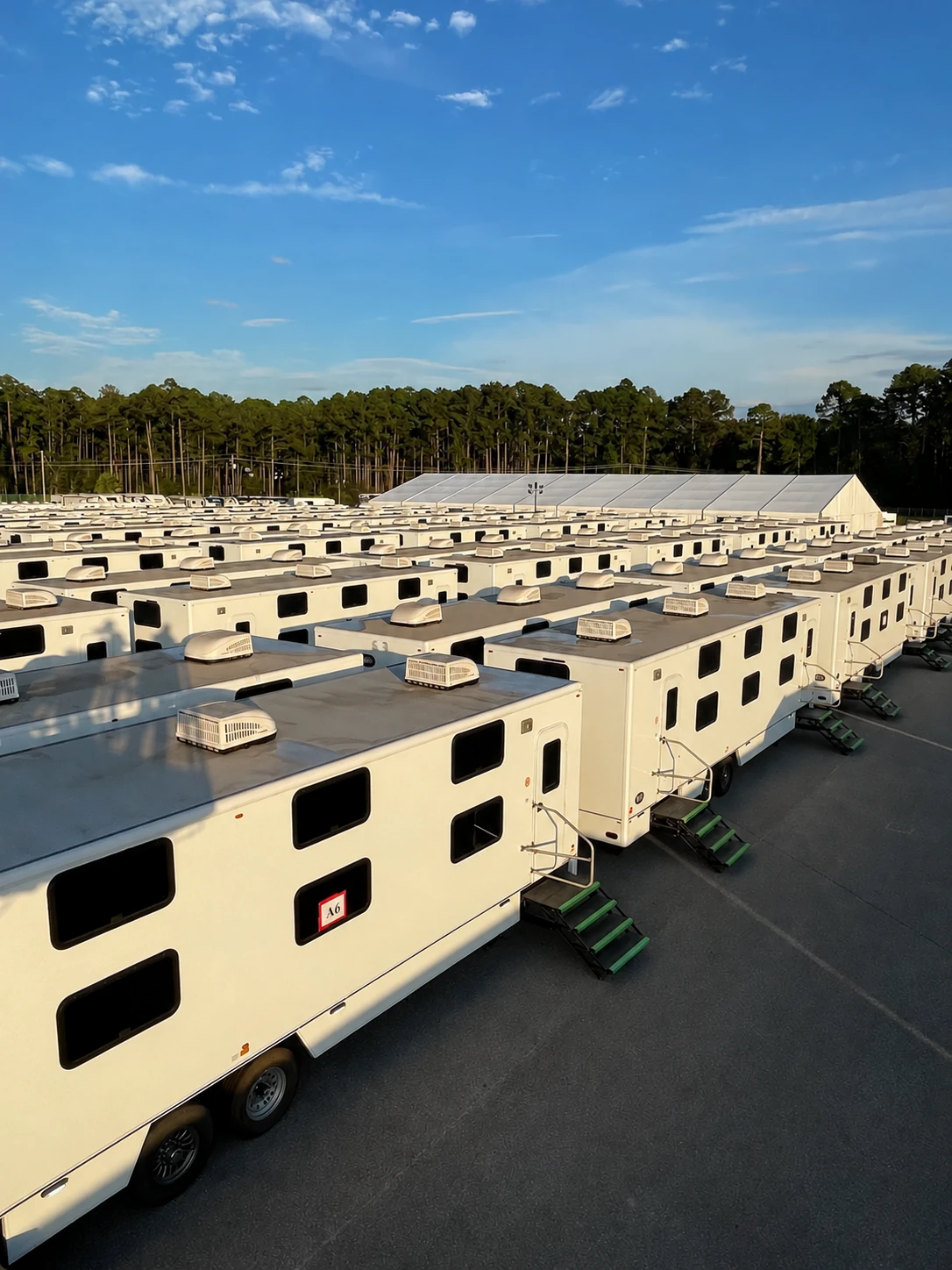 Elevated overview of rows of sleeping trailers and a large support tent at a response base camp