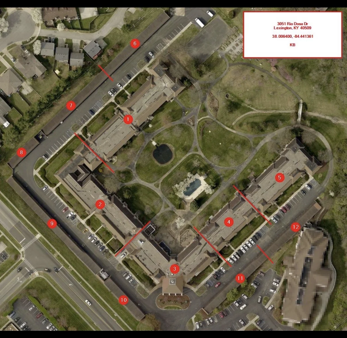 Campus site aerial used to plan roof replacement, work areas and resident access