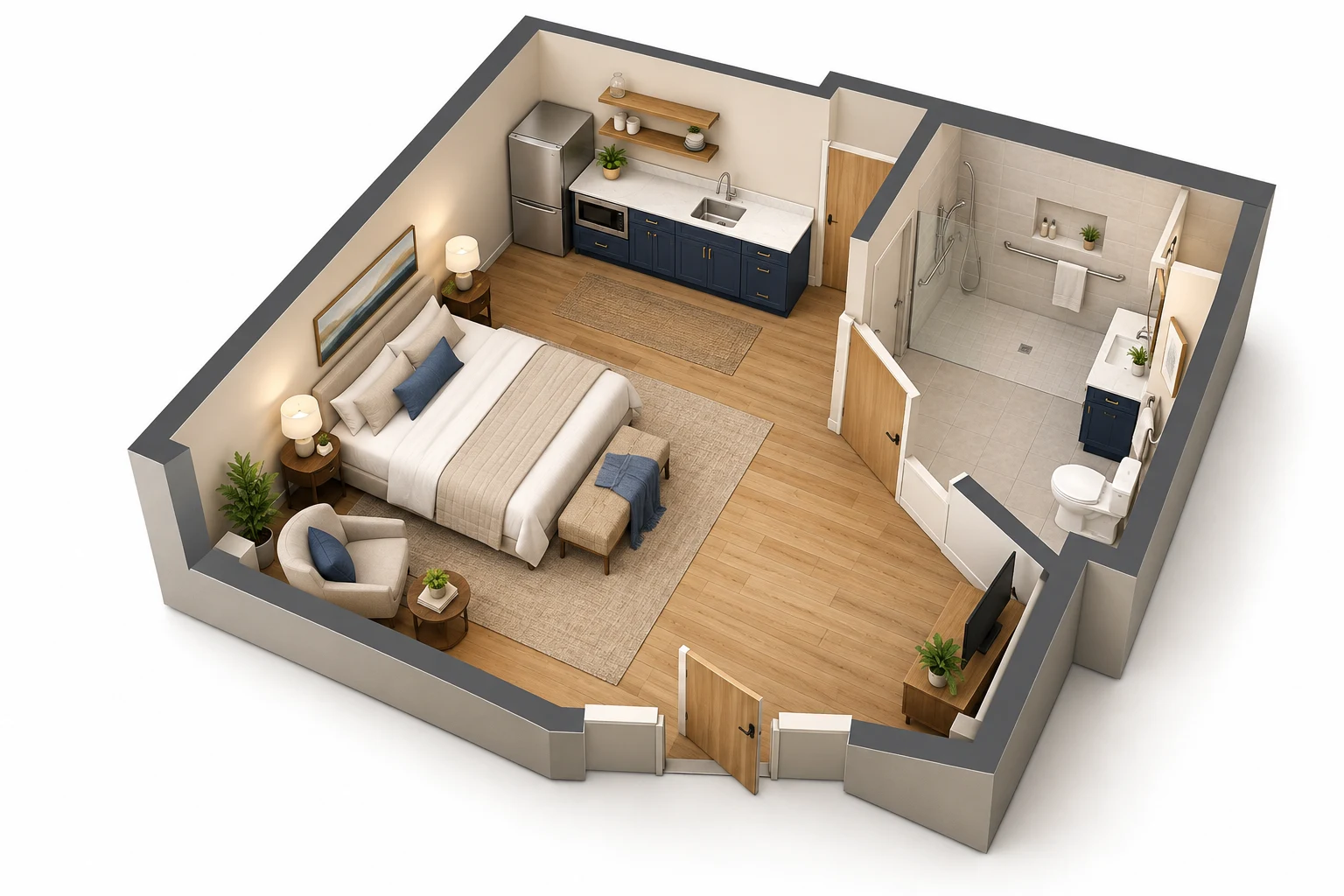 3D cutaway concept of a studio apartment with kitchenette, living area and bathroom